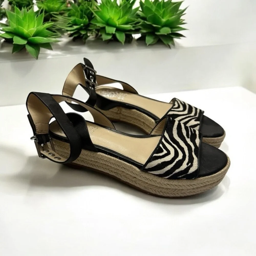 Vince Camuto Espadrille Sandals Womens 6 Black Zebra Print Platform Buckle Strap